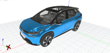 The ego vehicle model in the scenario editor, a compact hatchback shown on a grid