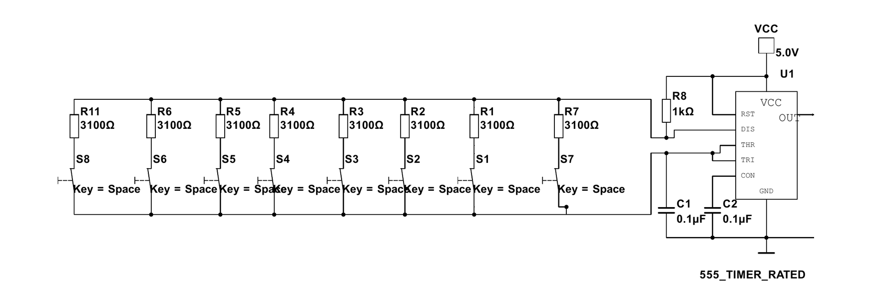 The tone circuit in Multisim: eight contestant keys, each with a 3.1 kilohm resistor, feeding a 555 timer with a 1 kilohm resistor and two 0.1 microfarad capacitors into a 200 hertz buzzer.