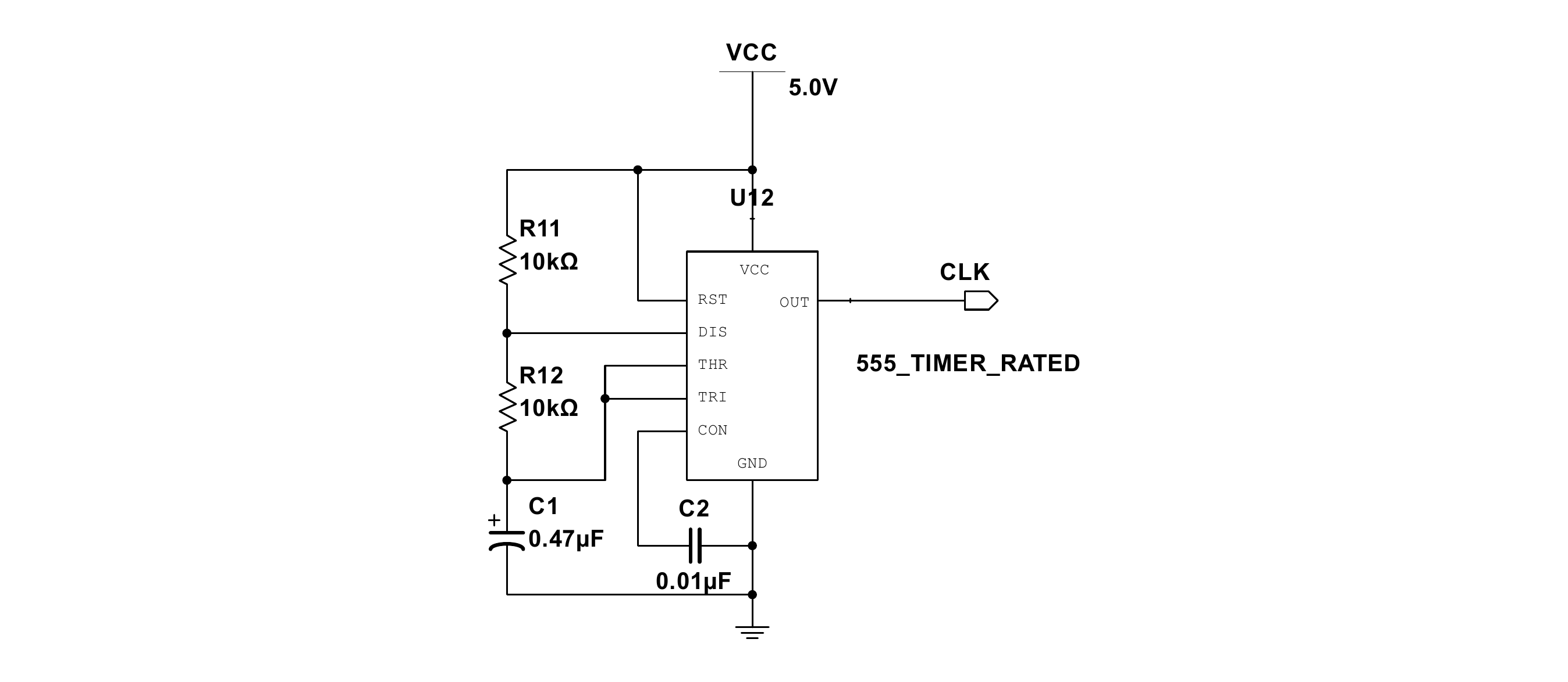 The pulse generation module in Multisim: a 555 timer with two 10 kilohm resistors, a 0.47 microfarad timing capacitor and a 0.01 microfarad control capacitor, producing the clock CLK.