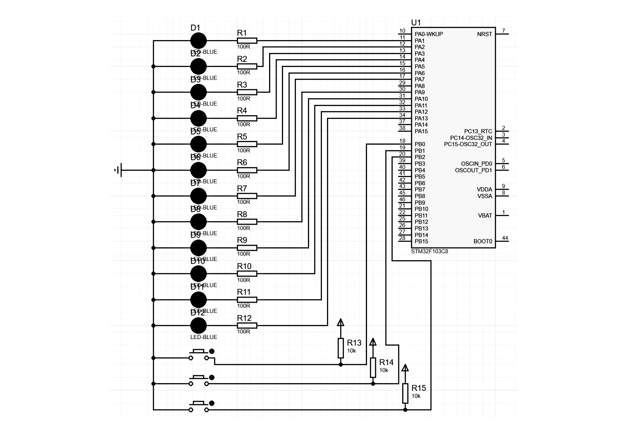 An STM32F103C8 with twelve blue LEDs on PA1 to PA12, each through a 100 ohm resistor, and three buttons on PB0 to PB2 with 10 kilohm pull-ups.