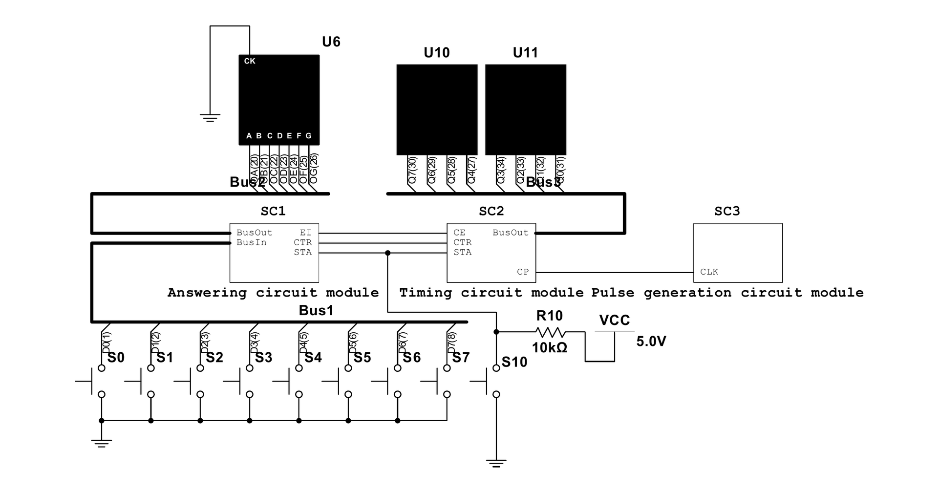 The top-level Multisim sheet: three hierarchical blocks named answering circuit module, timing circuit module and pulse generation circuit module, wired to eight contestant buttons, a host button and two seven-segment displays.