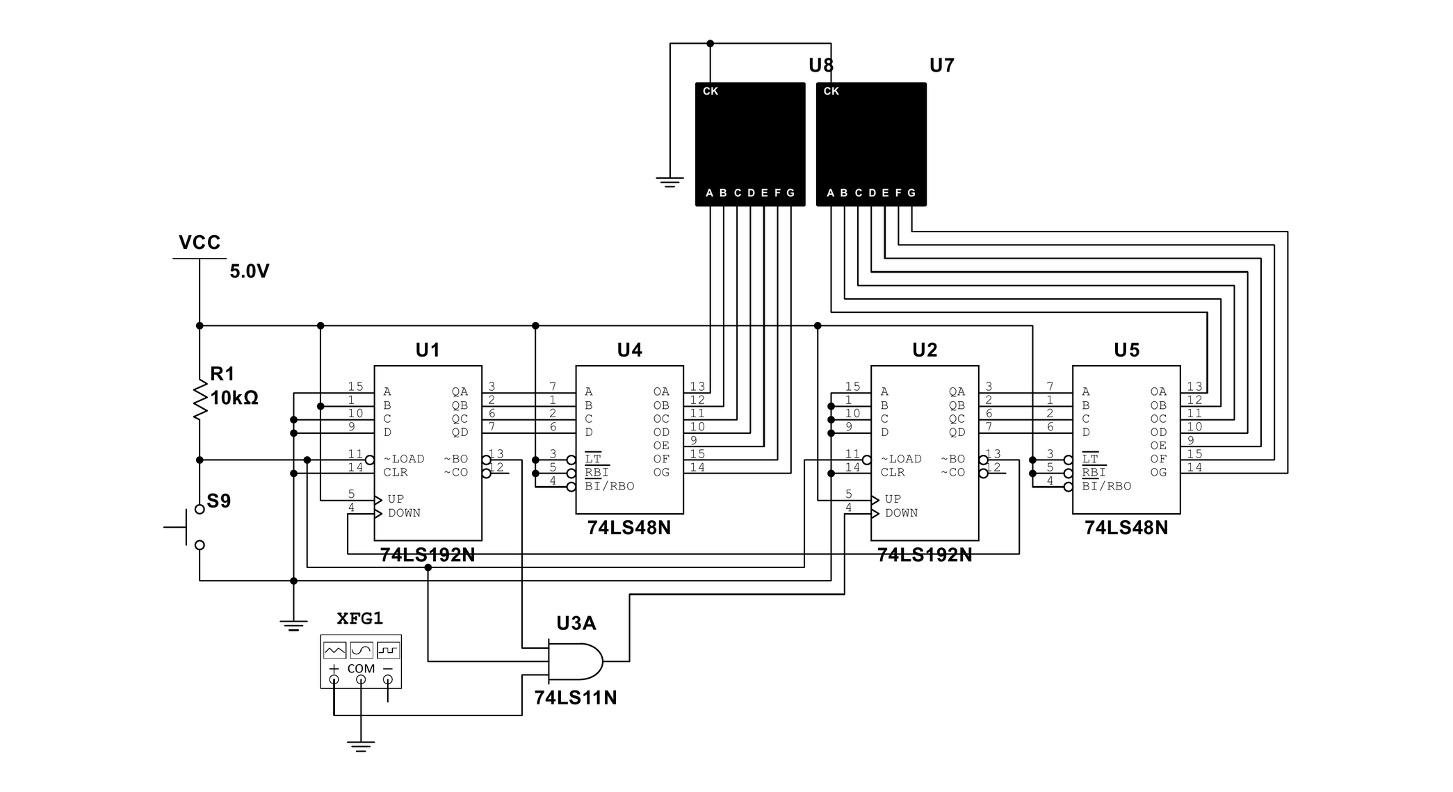 The countdown display in Multisim: two 74LS192N down counters into two 74LS48N decoders into a pair of seven-segment displays, with a preset button and a function generator standing in for the clock.