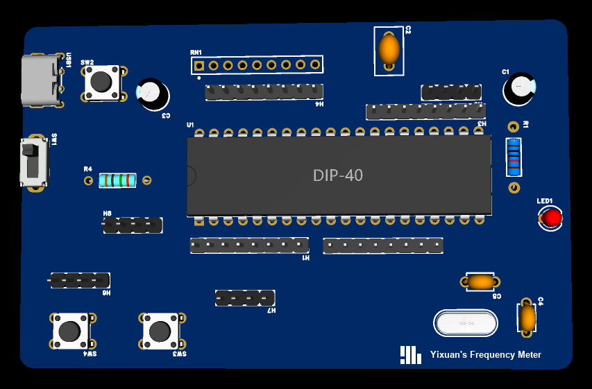 A rendering of the assembled board: blue substrate, USB-C connector, slide switch, three tactile buttons, the DIP-40 socket, a resistor network, a crystal and a power LED