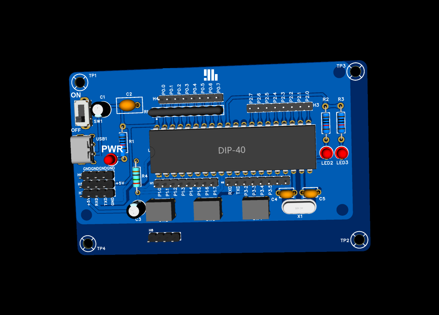 A rendering of the general-purpose revision: a blue board with mounting holes at the corners, a USB-C connector, a slide switch, three tactile buttons, the DIP-40 socket, two indicator LEDs and a crystal