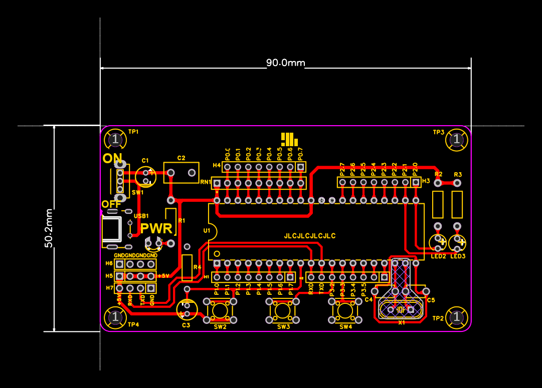 The general-purpose revision as a board layout, 90.0 by 50.2 millimetres, with mounting holes at the four corners and the port headers along the long edges