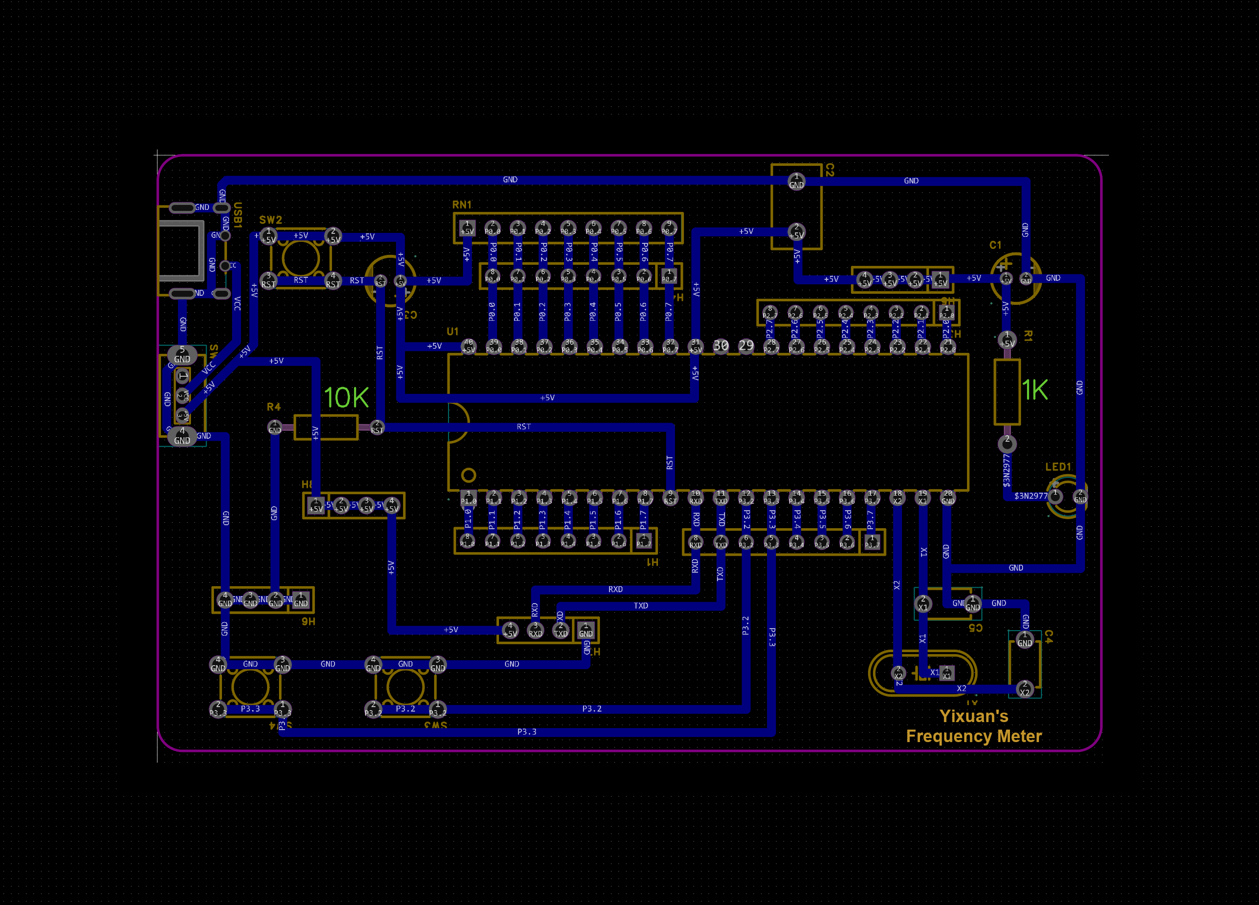 The bottom copper layer of the same board, routed in blue, with the resistor values 10K and 1K called out beside their footprints