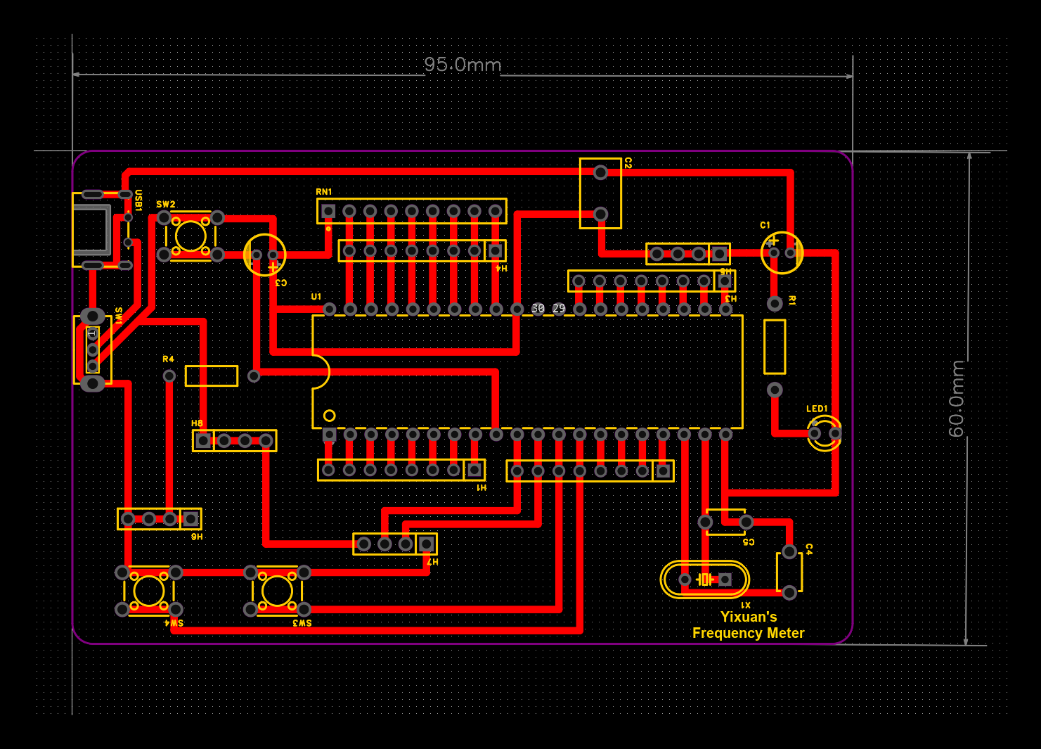 The top copper layer of the board, 95.0 by 60.0 millimetres, with the DIP-40 footprint in the middle and header rows above and below it