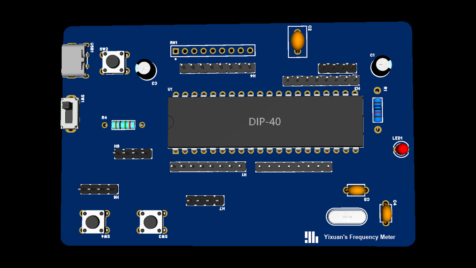 A rendered view of the finished two-layer board: the DIP-40 microcontroller in the middle, the USB input and slide switch on the left, and the headers around them