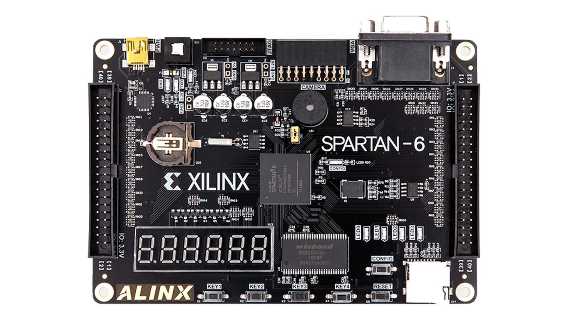 The development board: a six-digit seven-segment display along the lower left, four user keys and a reset key across the bottom, the FPGA in the middle, and two forty-pin expansion connectors down the left and right edges.