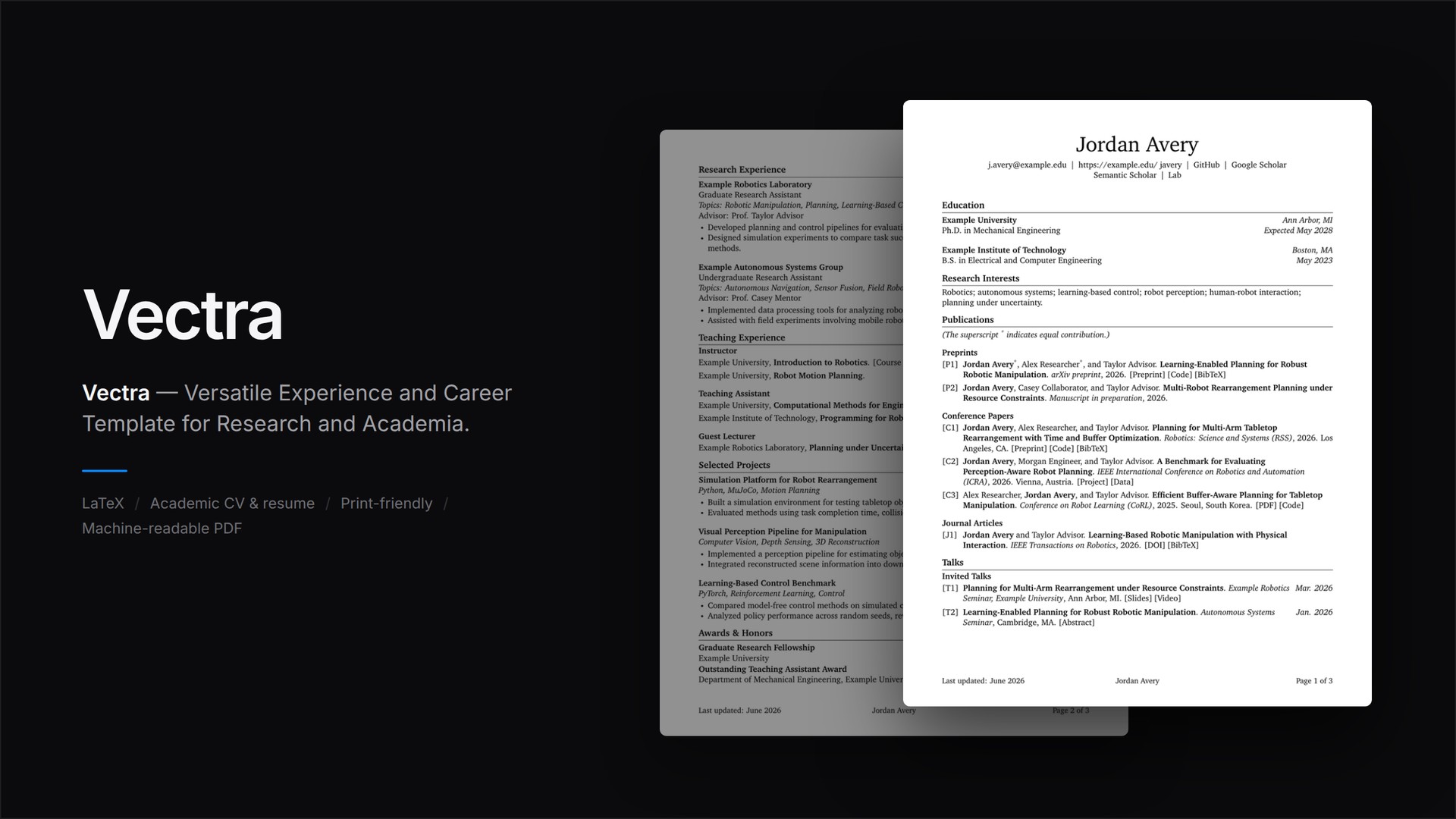 Vectra showcase: the template name beside two compiled example CV pages